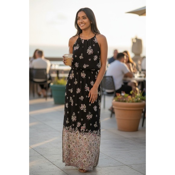 Maurices Black Floral Halter Maxi‎ Dress S Wedding Cruise Vacation Cottagecore - Picture 2 of 16